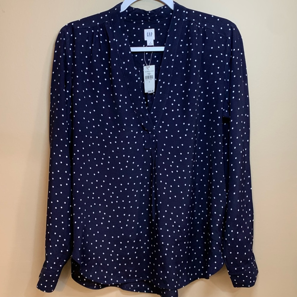 Patriotic 🇺🇸 Gap Navy, Ivory Dot V-neck Rayon Tunic, Long Sleeved, S, NWT